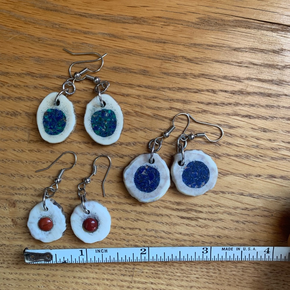 Lapis and coral antler earrings three pairs gemstones Handmade - Picture 3 of 4